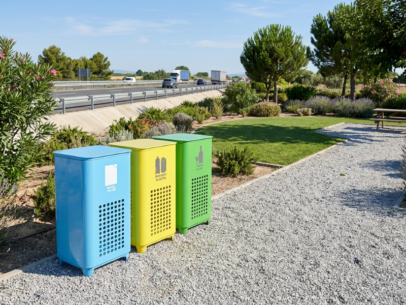 Metal waste bin with lid and front door